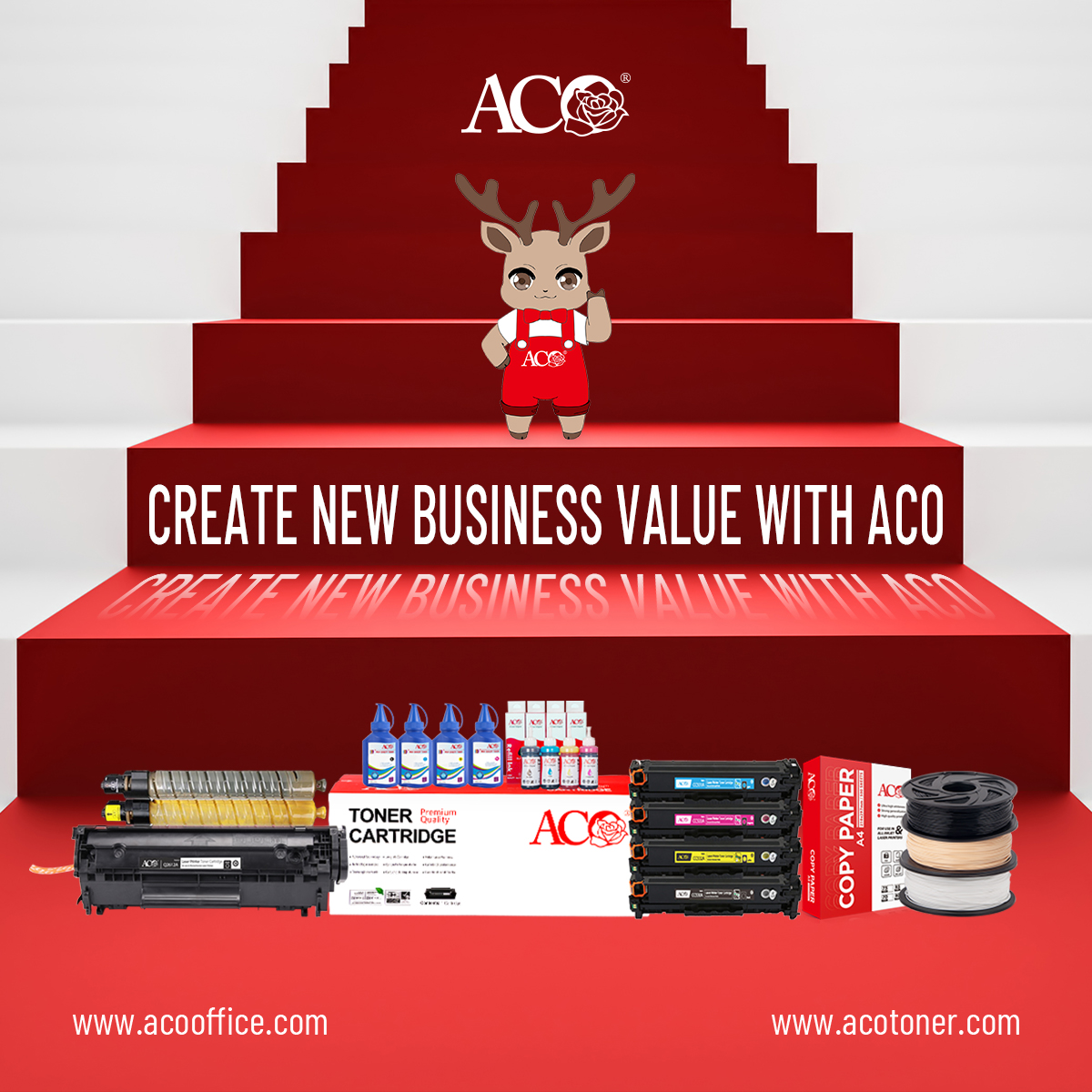 <img src="aco-brand-toner-cartridge-products.jpg" alt="ACO toner cartridges and office printing supplies including printer toner, ink bottles and 3D printing filament displayed on red stage with brand slogan create new business value with ACO">