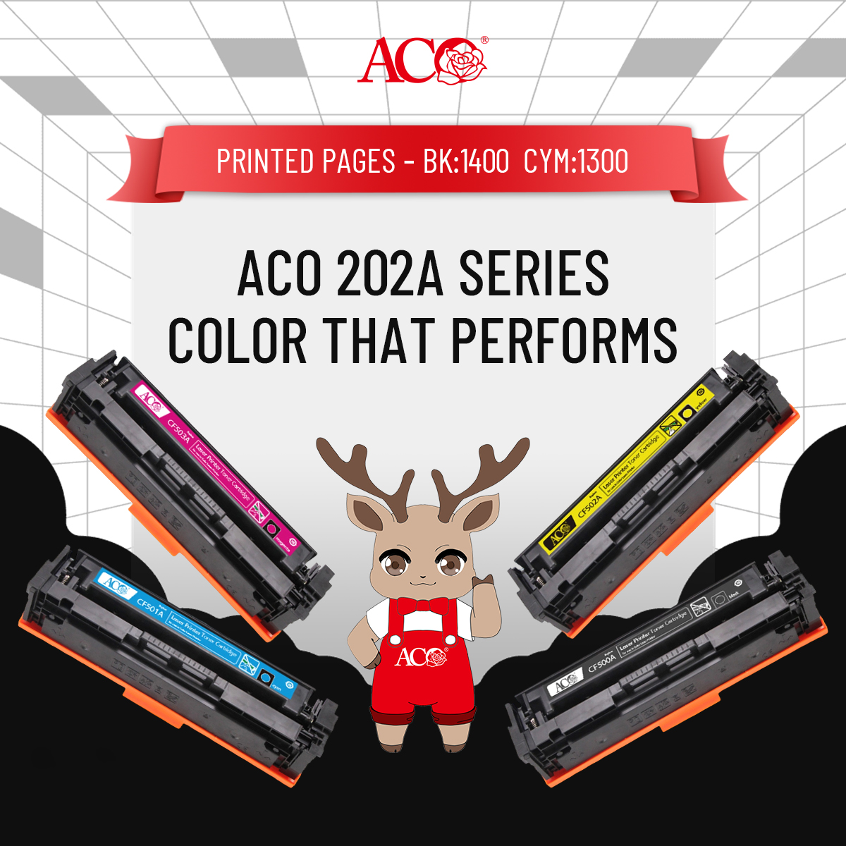 ACO 202A color toner cartridges CF500A CF501A CF502A CF503A compatible laser printer supplies with 1400 black and 1300 color page yield for office and business printing