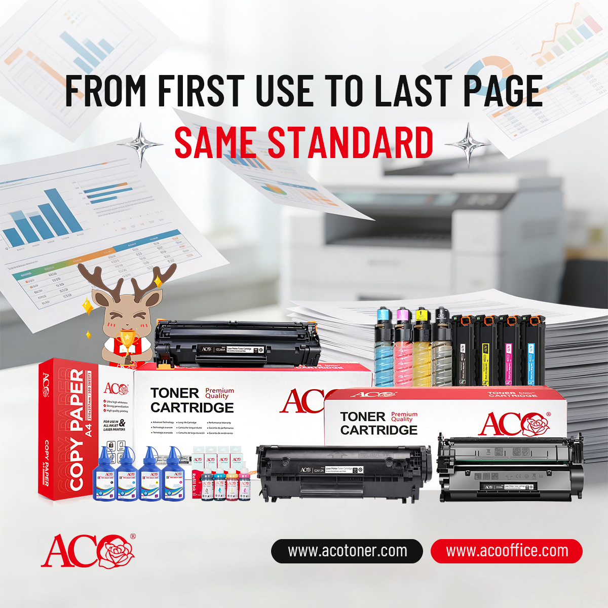 ACO toner cartridges toner powder and copy paper for consistent printing performance from first page to last page