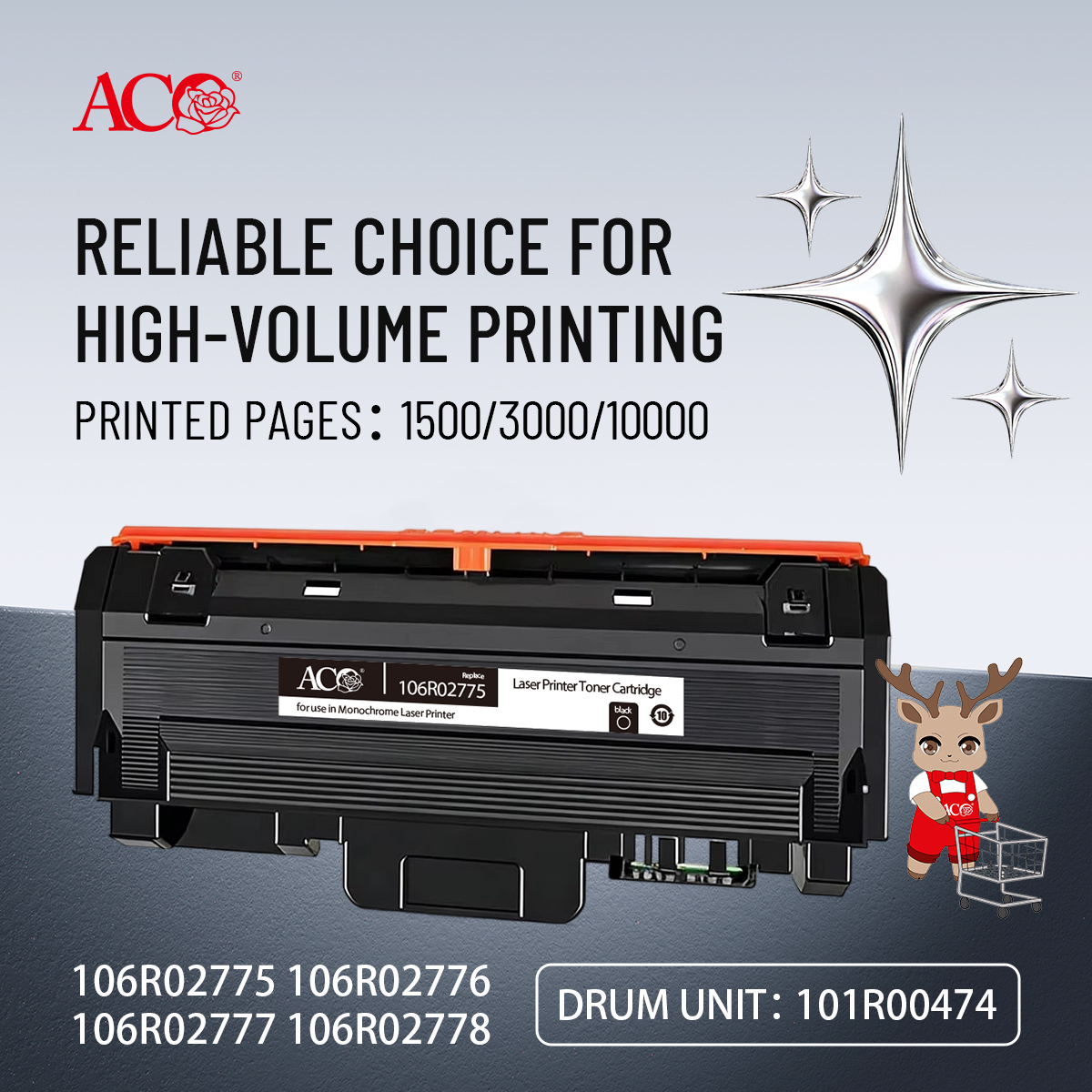 ACO high yield monochrome toner cartridge 106R02775 series with drum unit 101R00474 for high-volume office and commercial printing