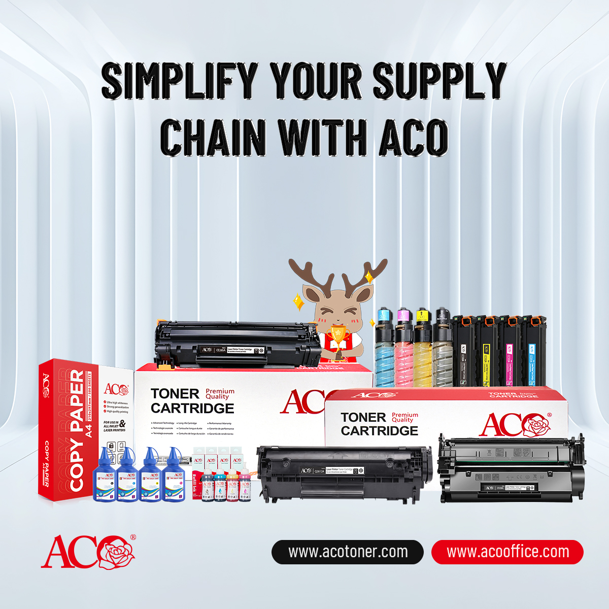 ACO printing consumables including toner cartridges bulk toner ink bottles A4 copy paper and 3D filament for one stop supply chain solution