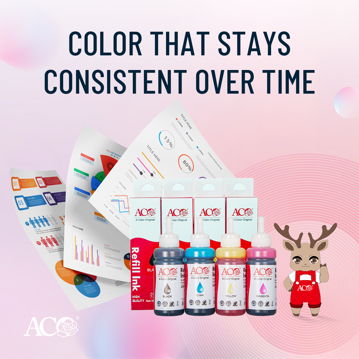 ACO refill ink bottles CMYK set with packaging, designed for consistent color printing and long-term stable inkjet performance
