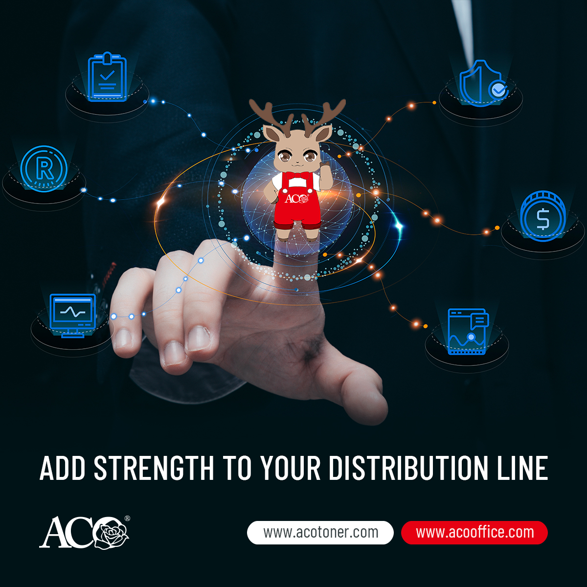 ACO printing supplies distribution partnership concept with business hand interface and icons, representing toner cartridges, ink, toner powder and A4 copy paper for B2B global distributors