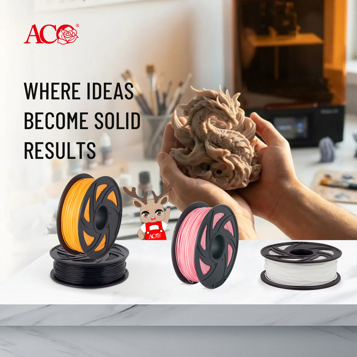 ACO 3D printing filament spools in multiple colors with finished 3D printed model demonstrating strong layers and precision results