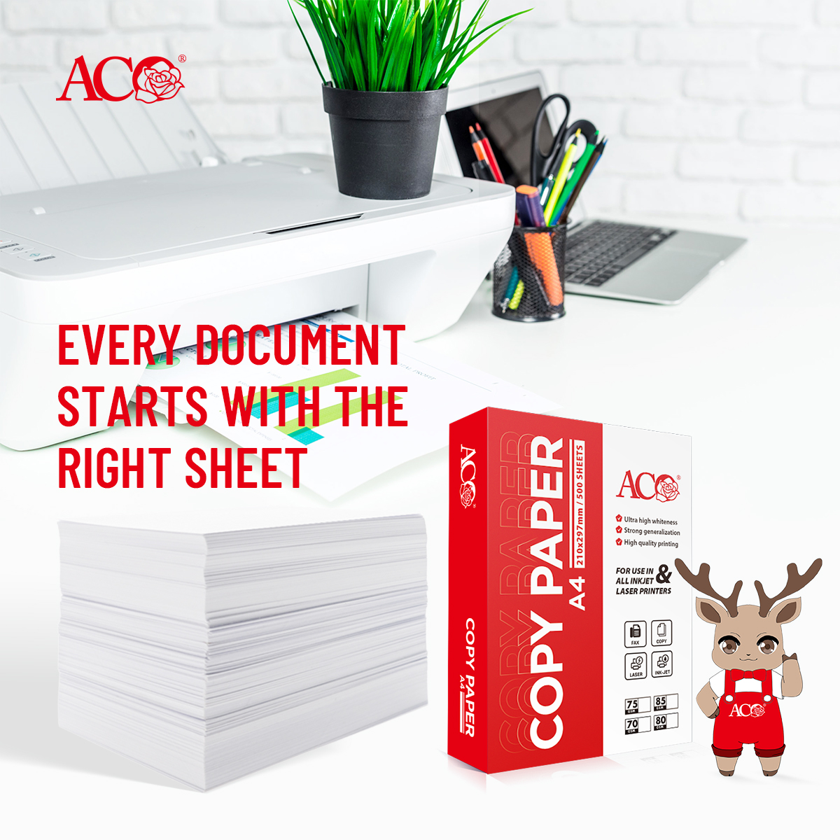 ACO A4 copy paper box and paper stack with office printer printing documents representing smooth and professional printing performance