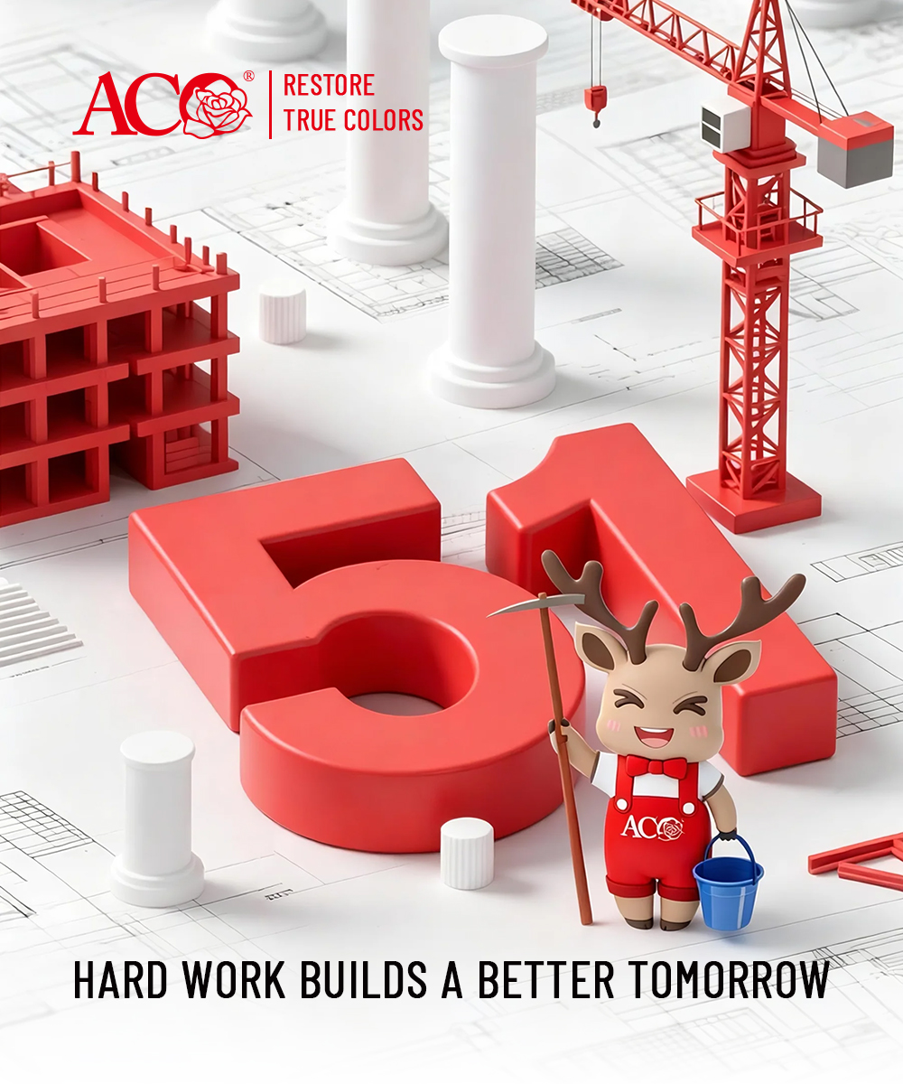 ACO Labor Day poster with large “51” symbol, construction-themed design, representing hard work and printing consumables including toner cartridge, toner powder, ink and A4 copy paper for B2B partners