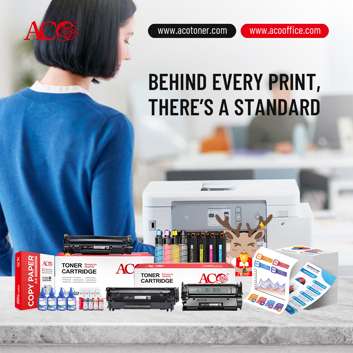 ACO printer consumables including toner cartridges, refill ink, toner powder and copier paper for global B2B buyers