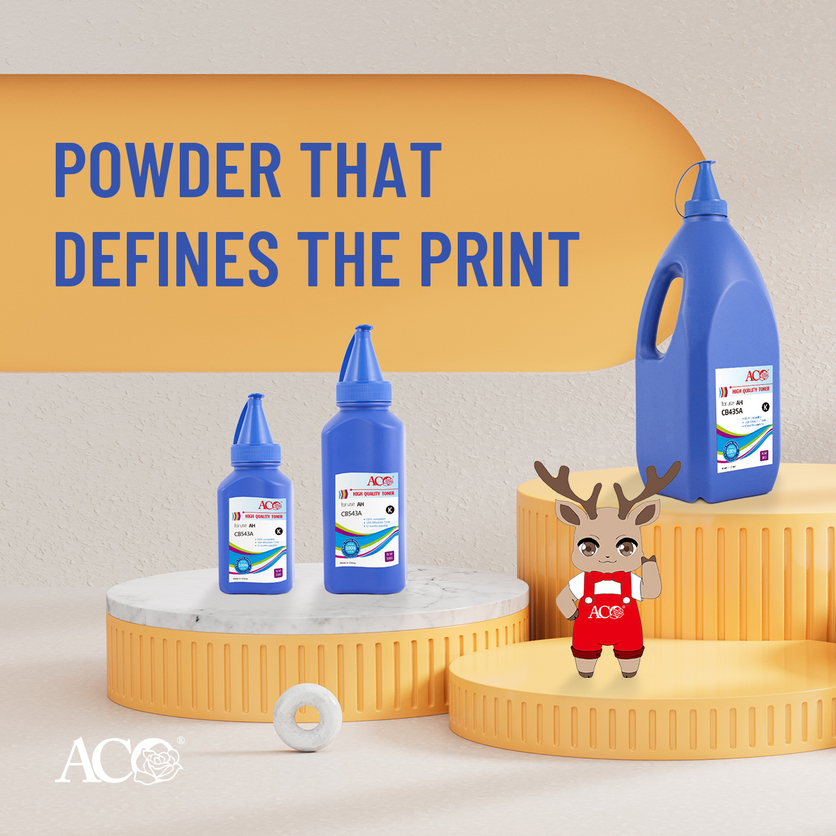 ACO toner powder bottles for compatible toner cartridge production and global B2B printer consumables buyers