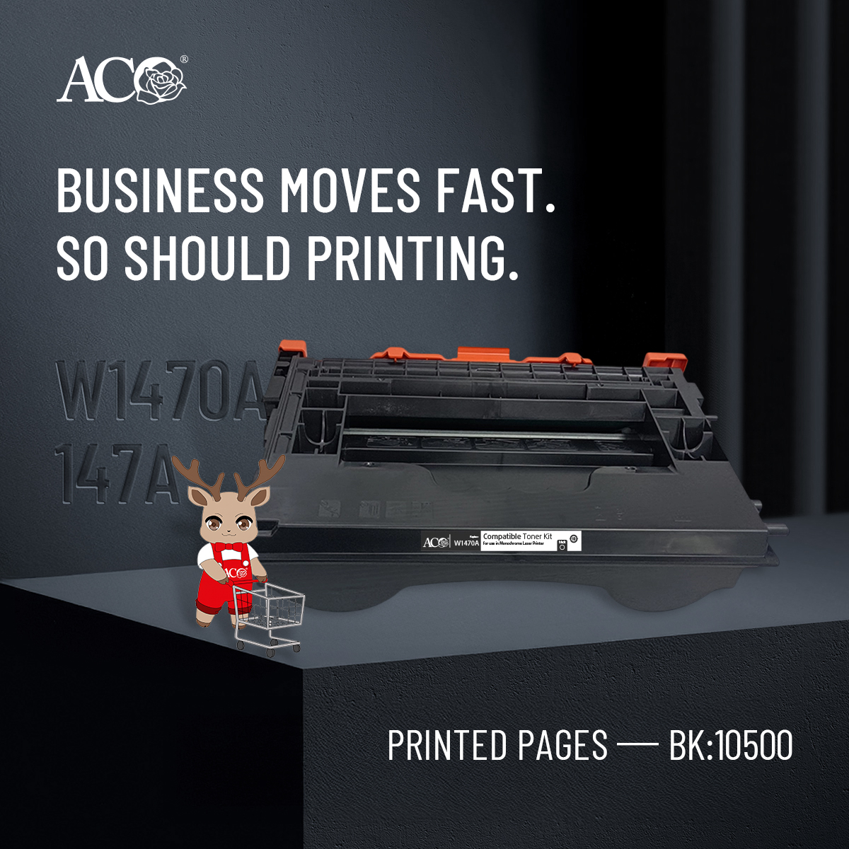 ACO W1470A 147A compatible toner cartridge for office printing and global B2B printer consumables buyers