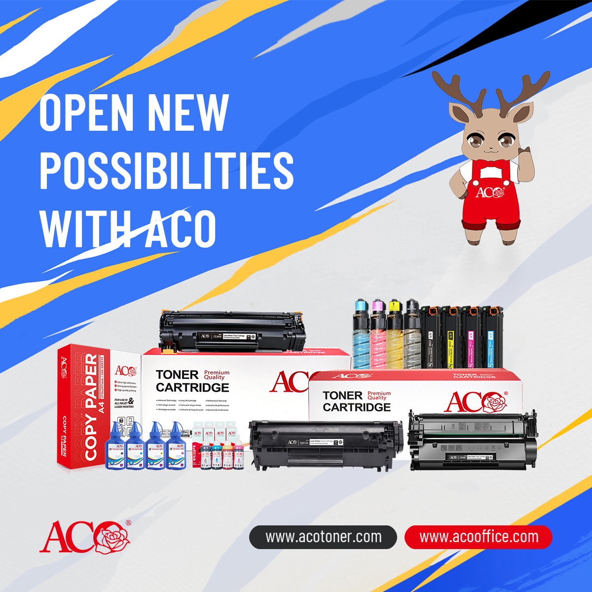 ACO printer consumables including toner cartridges, refill ink, toner powder and copy paper for global B2B buyers