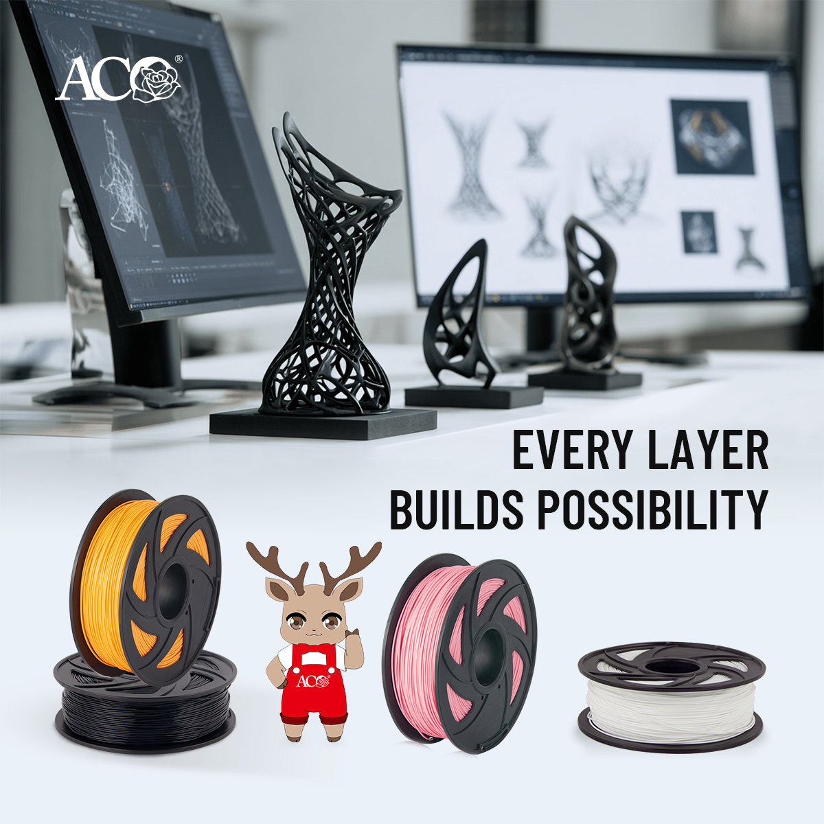 ACO 3D printing filament materials for industrial prototyping, product design, and precision 3D printing applications
