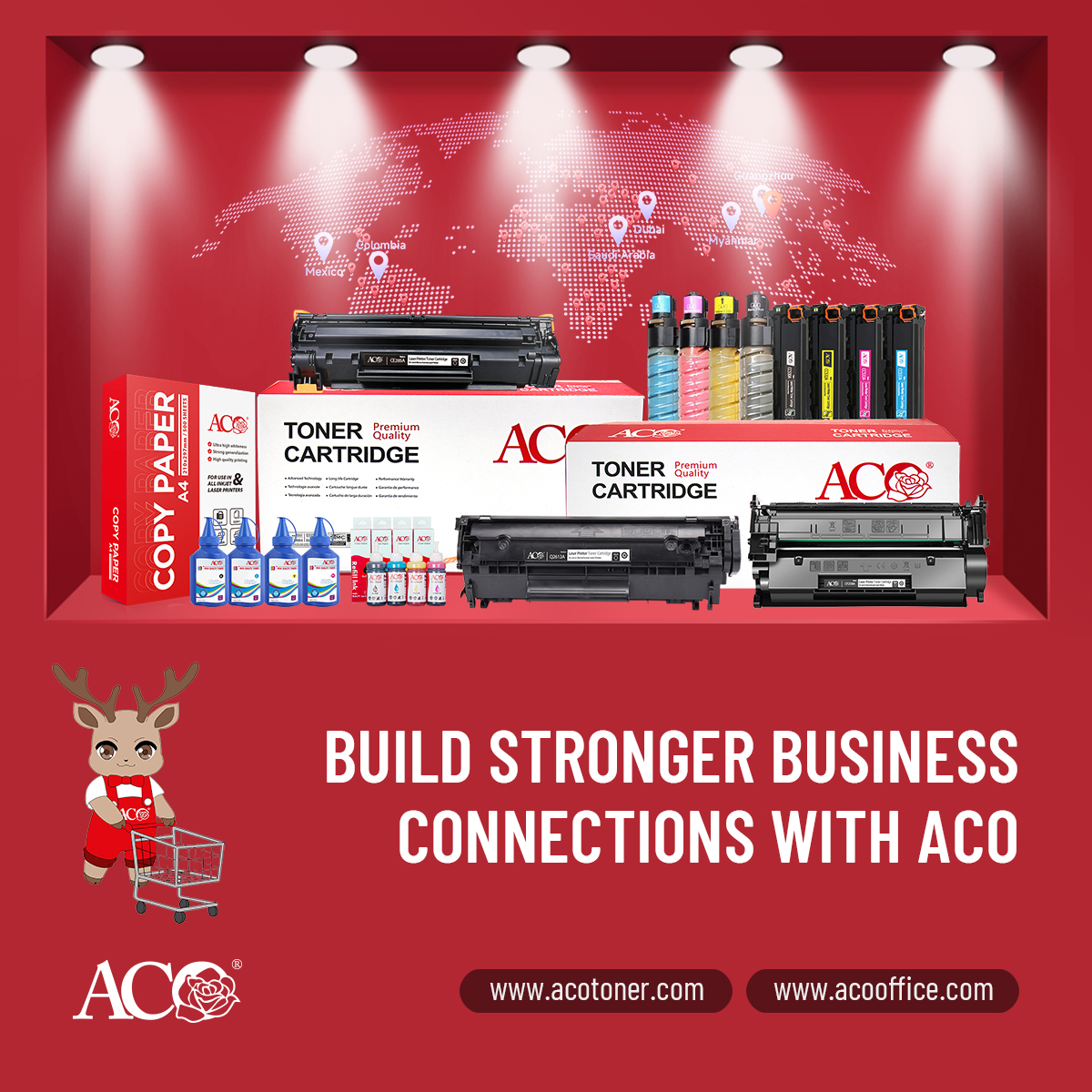 ACO toner cartridge factory promotional banner featuring toner cartridges, refill ink, copier paper, toner powder, and office printing consumables for global B2B distributors and wholesalers.