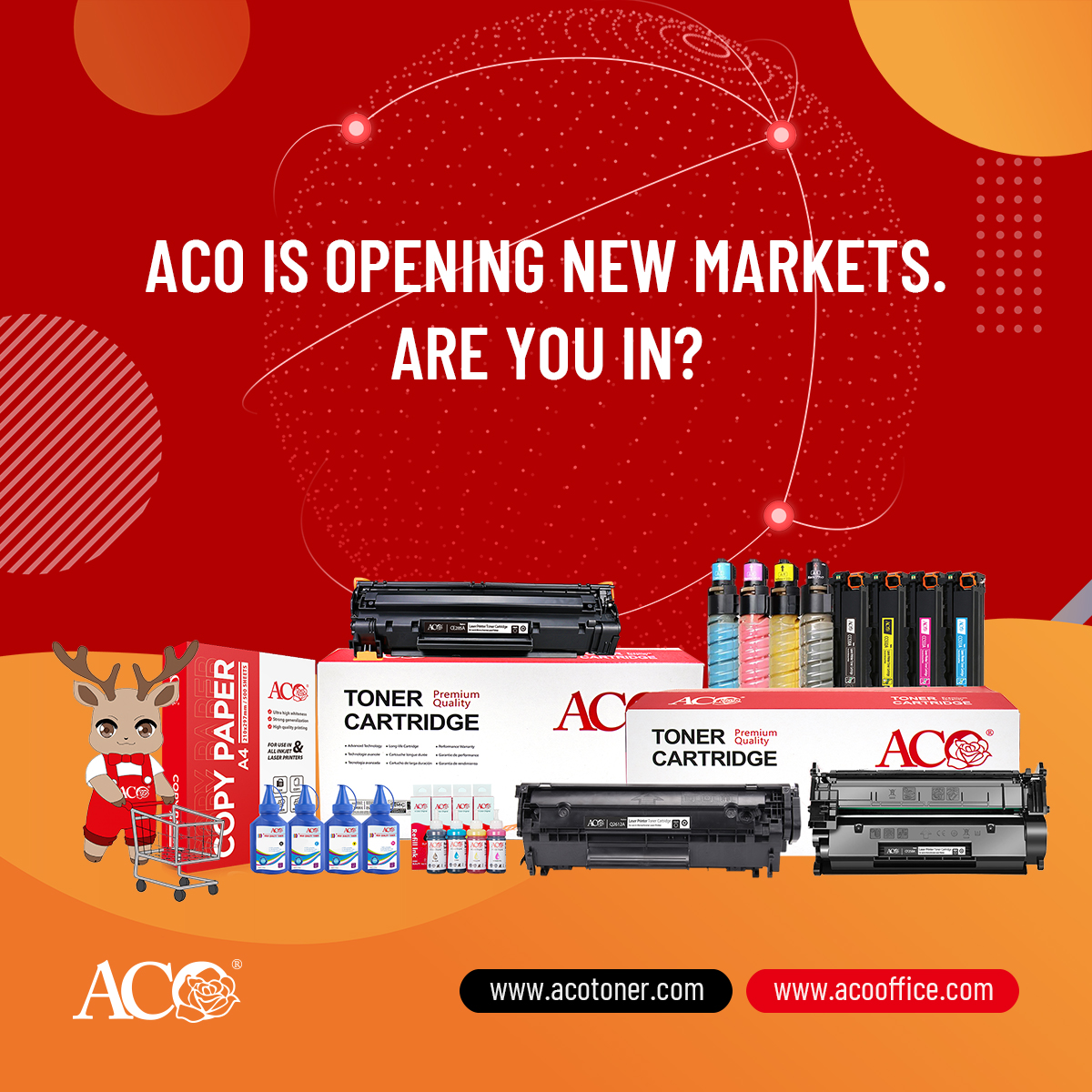 ACO complete printing solutions including toner cartridges, refill ink, toner powder, and A4 copy paper for distributors, wholesalers, importers, and global B2B office supply businesses.