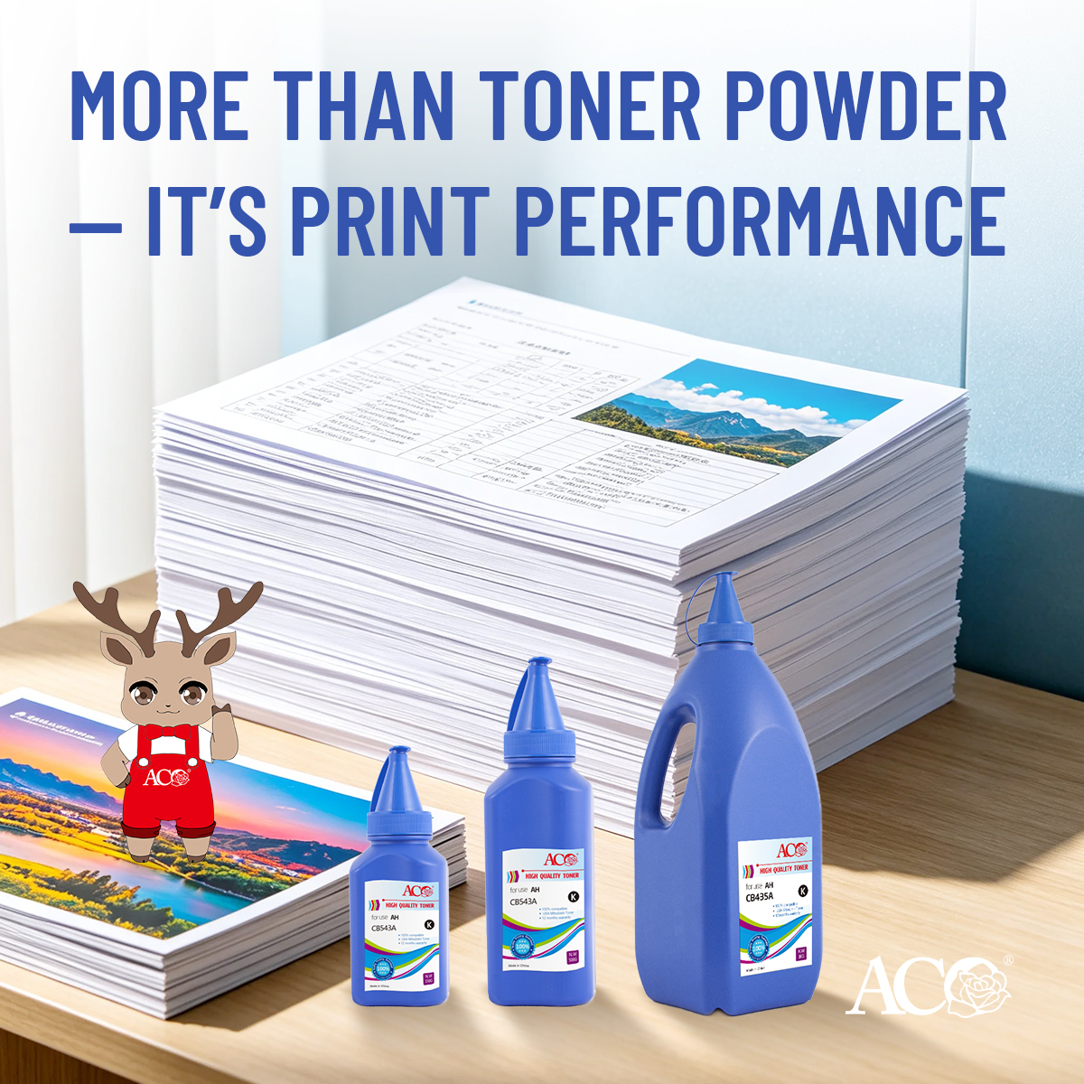 ACO high-quality toner powder for compatible laser printer cartridges, delivering stable print performance, consistent output quality, and professional printing results for B2B distributors and remanufacturers.
