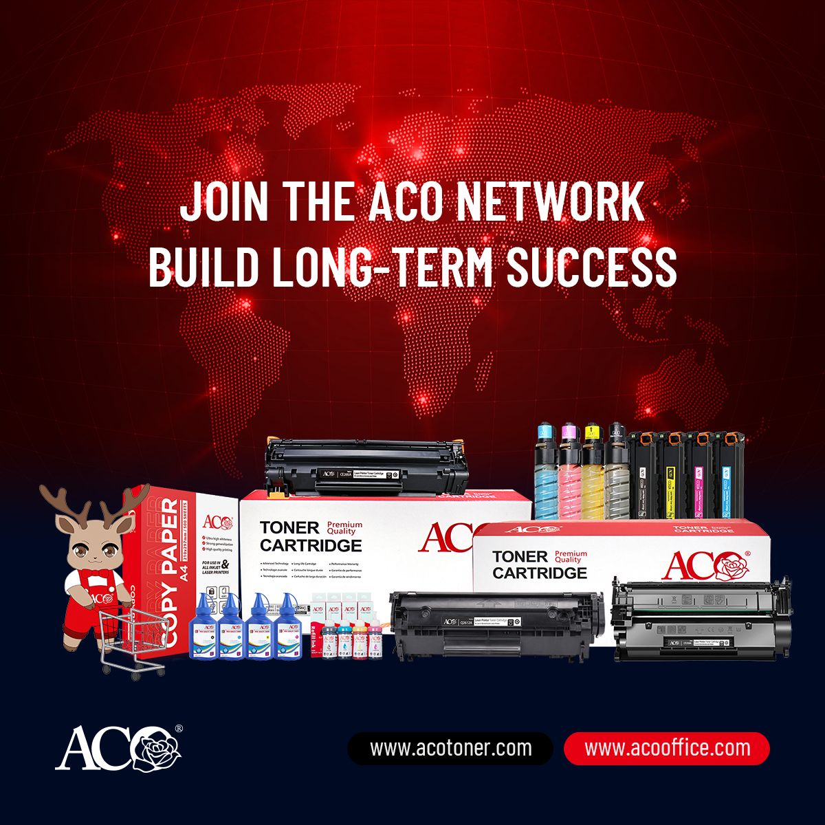 ACO printing consumables supplier offering toner cartridges, toner powder, refill ink, and A4 copy paper for distributors, wholesalers, importers, and global B2B office supply partners.