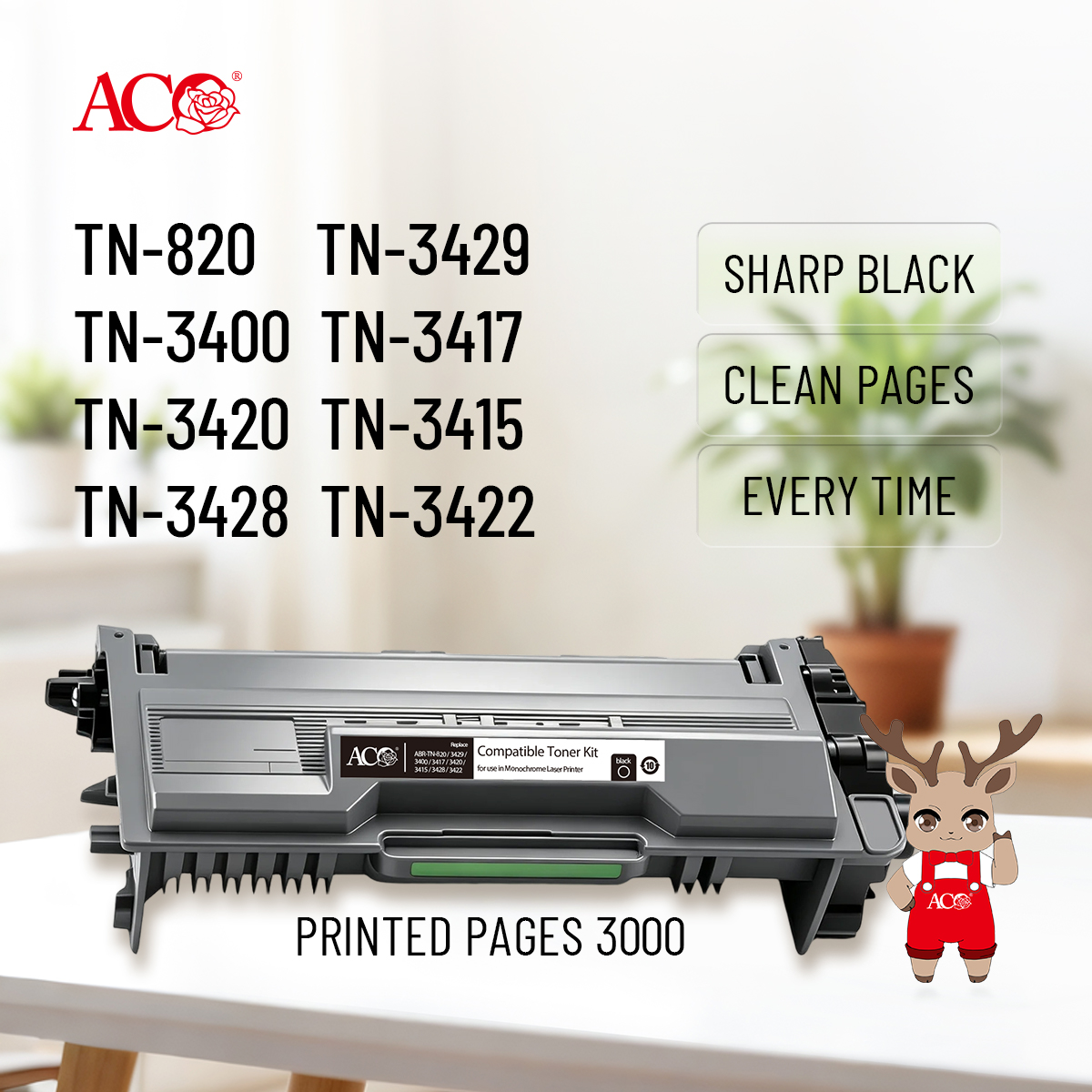 ACO TN-820 TN-3400 TN-3420 TN-3428 TN-3429 TN-3417 TN-3415 TN-3422 compatible toner cartridge with 3000-page yield, delivering sharp black output and clean pages for office and commercial printing.
