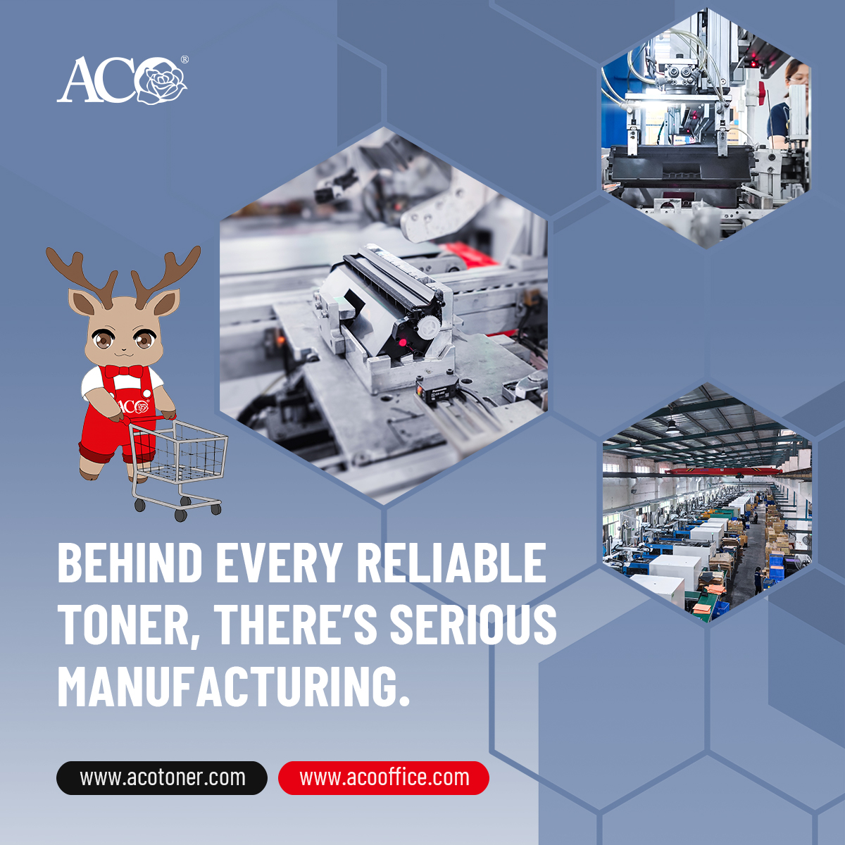 ACO toner cartridge manufacturing facility with automated production lines, quality control systems, toner cartridge assembly, toner powder, refill ink, and printer consumables manufacturing for global B2B partners.
