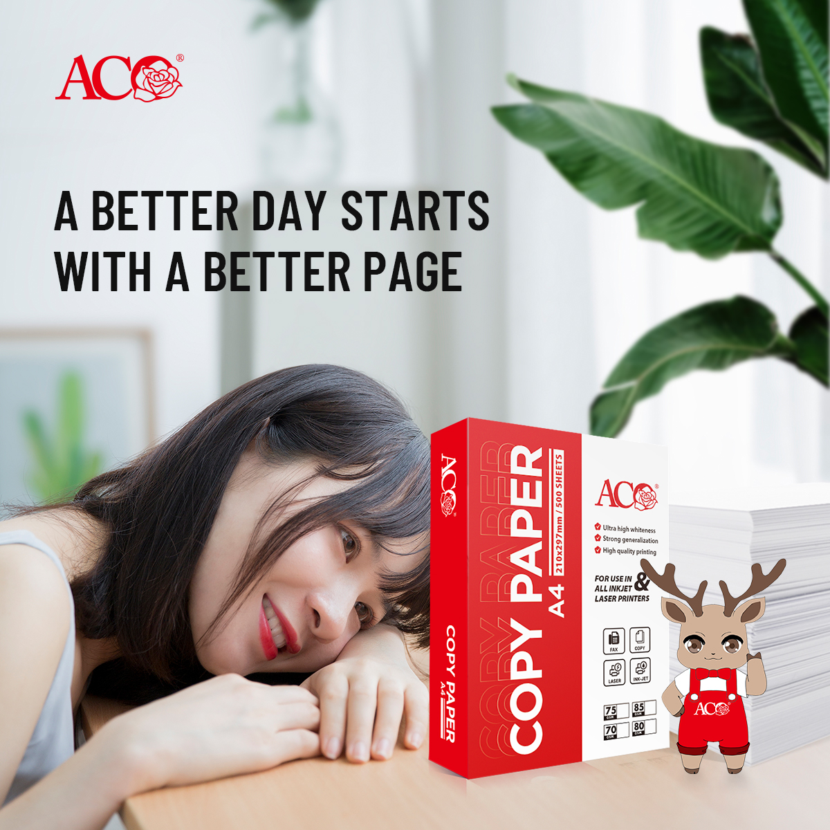 ACO A4 copy paper with ultra high whiteness and smooth printing performance, suitable for laser printers, inkjet printers, office printing, commercial documents, and global paper distributors