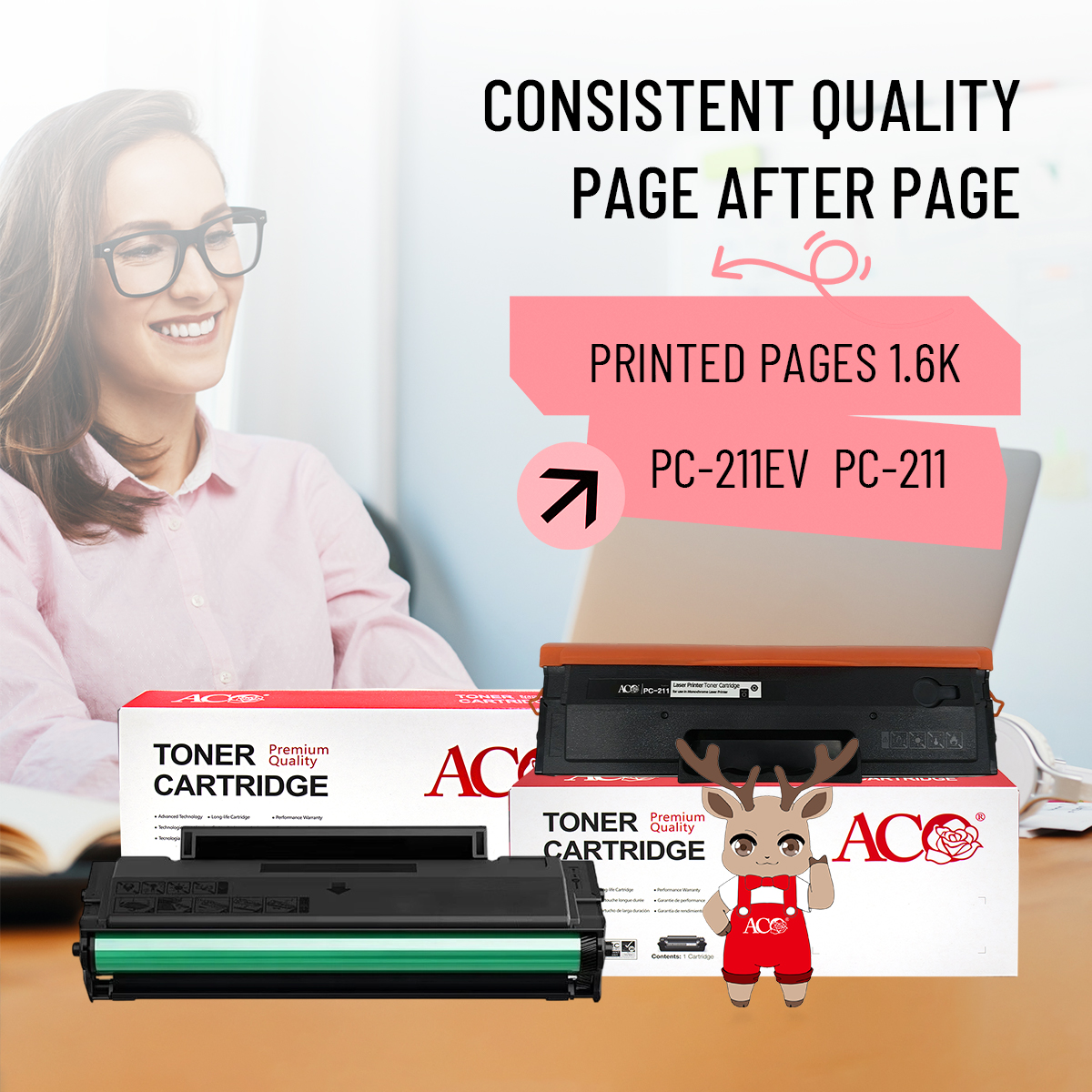 ACO PC-211EV PC-211 compatible toner cartridge with 1.6K page yield, providing consistent quality printing performance for office and business environments.