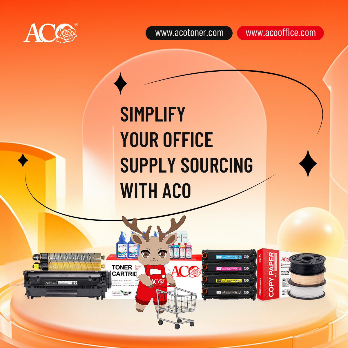 ACO office printing supplies including toner cartridges, refill ink bottles and A4 copy paper designed for B2B wholesale sourcing and global distributor supply chain solutions