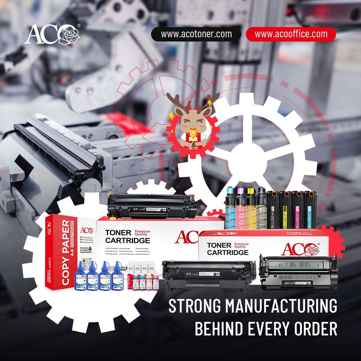 ACO manufacturing facility showcasing toner cartridge production, refill ink products, toner powder, and office printing consumables with strict quality control and professional manufacturing processes.