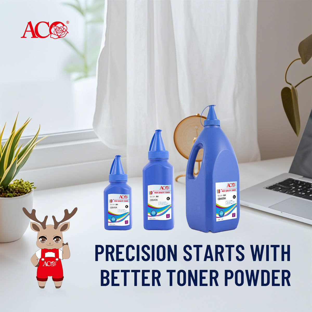 ACO Premium Toner Powder bottles displayed in multiple packaging sizes on an office desk, highlighting professional toner powder solutions for toner cartridge manufacturing, cartridge refilling, and printing consumables distribution.