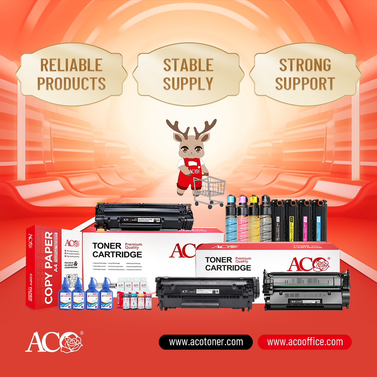 ACO printing consumables display including toner cartridges, refill ink bottles, and A4 copy paper boxes arranged with product lineup and mascot, representing reliable supply, stable manufacturing, and office printing solutions for global business use.