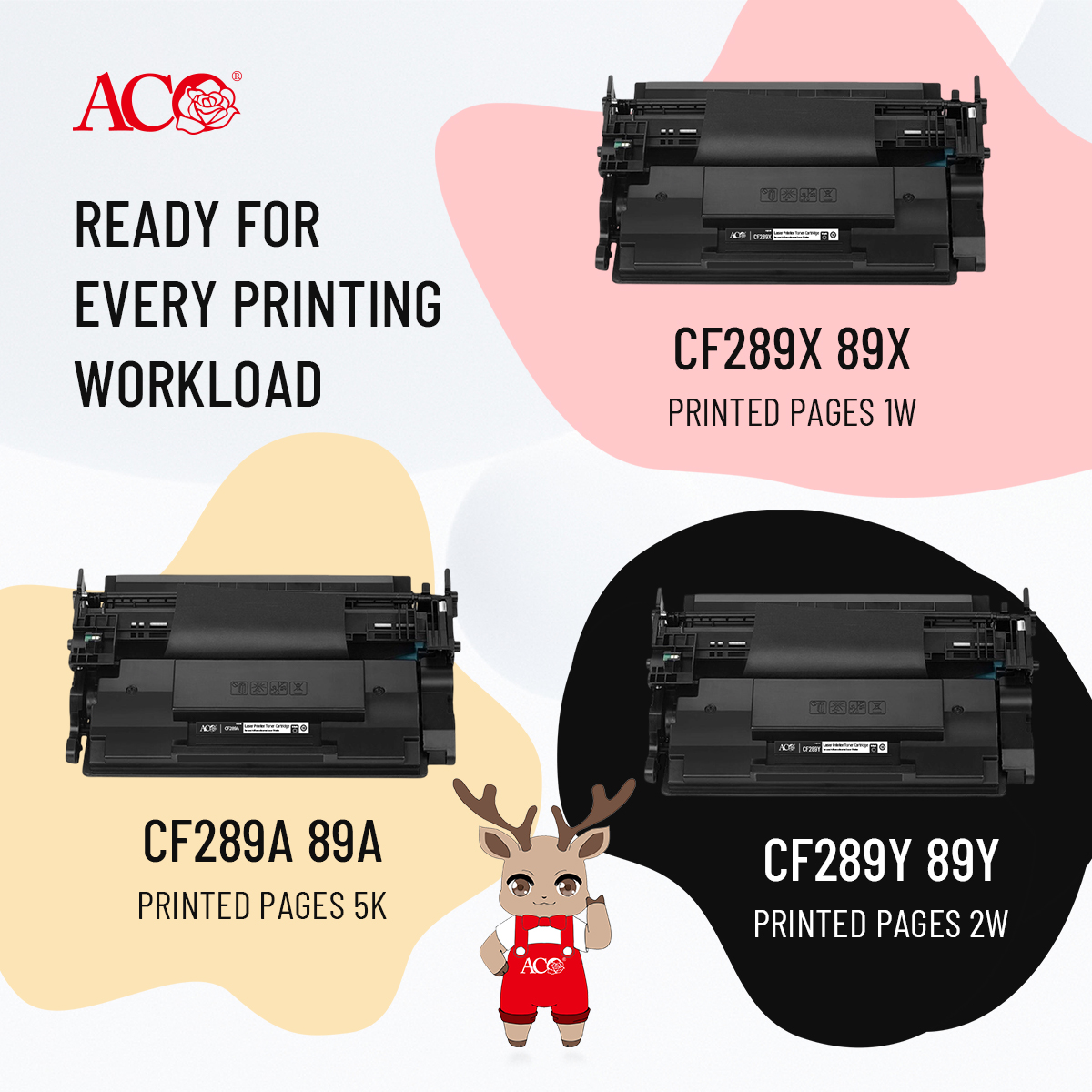 ACO CF289A CF289X toner cartridges displayed in multiple yield variants for office printing use, showing black toner units designed for high-volume workloads, enterprise document printing, and compatible laser printer systems.