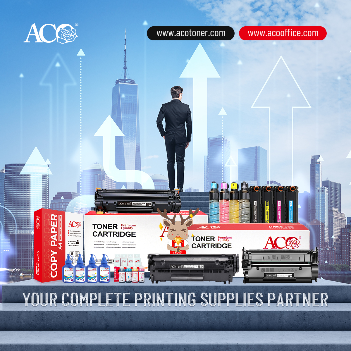 ACO printing supplies ecosystem featuring toner cartridges, refill ink bottles, and A4 copy paper displayed with city skyline background and upward growth arrows, representing global B2B printing supply partnership and business growth.