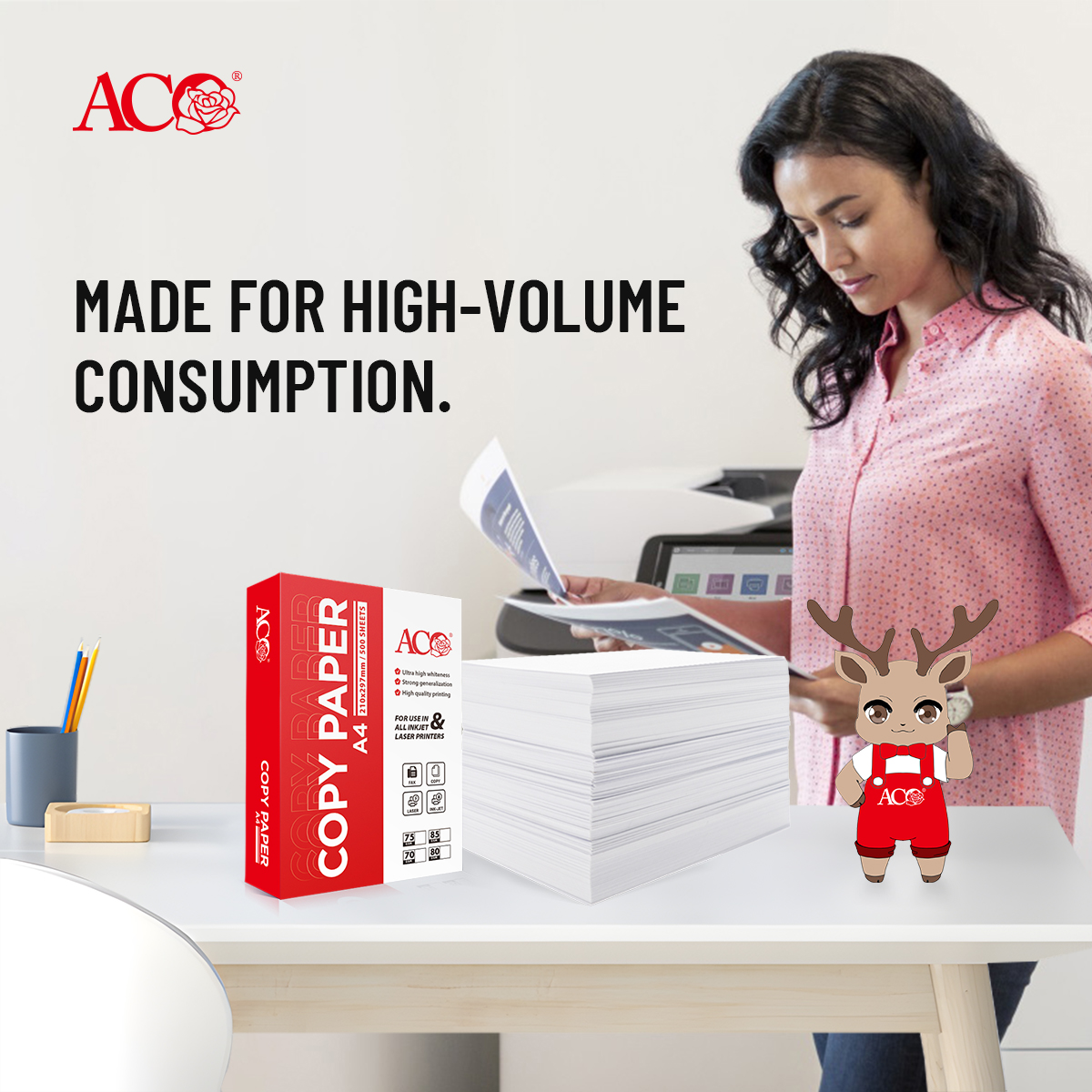 Woman reviewing printed documents while using office printer with ACO A4 copy paper stack, representing high-volume business printing solution for corporate and B2B office environments.