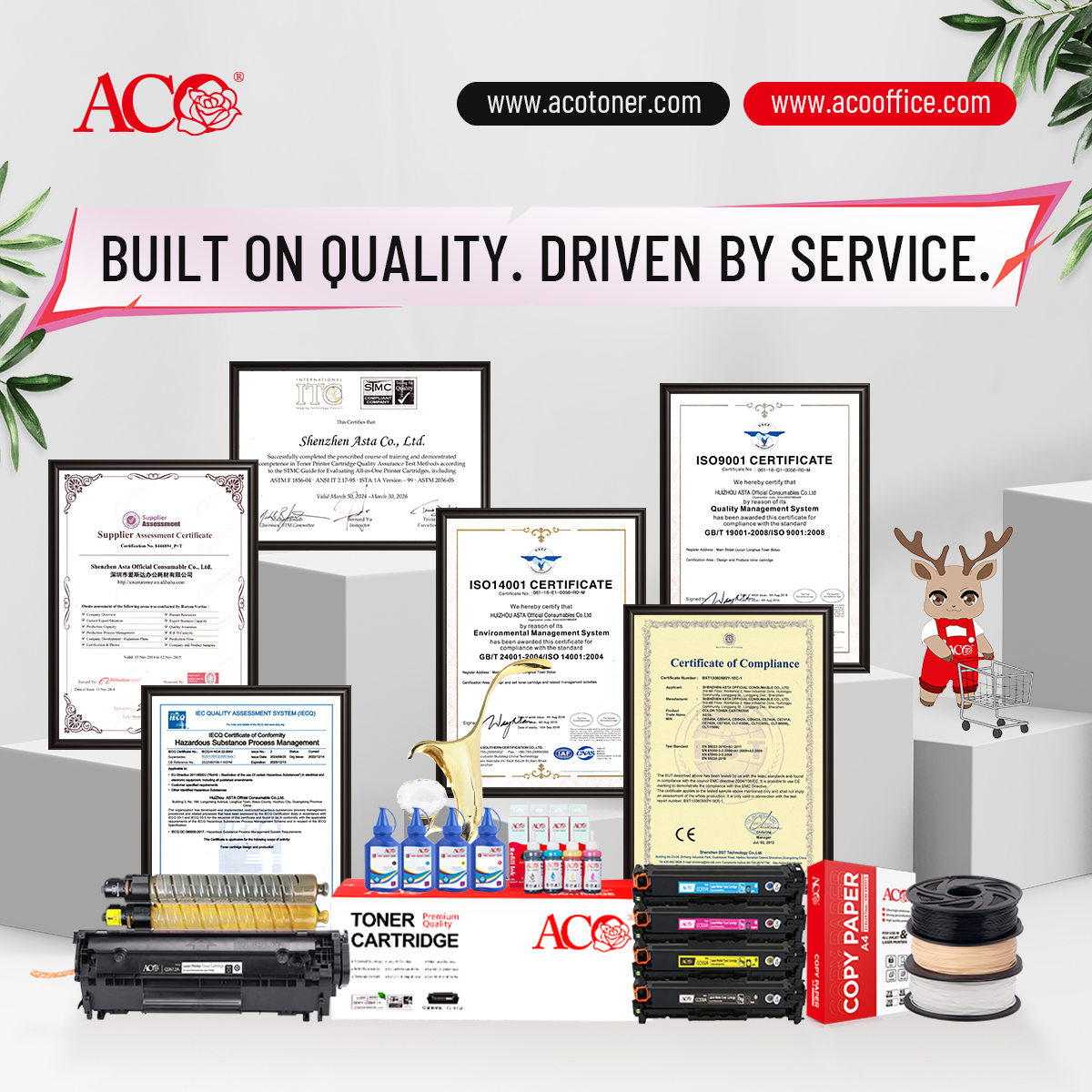 ACO certified printing consumables manufacturer displaying toner cartridges, refill ink, toner powder, copy paper and quality certificates, showing reliable B2B printing solutions and professional manufacturing standards.