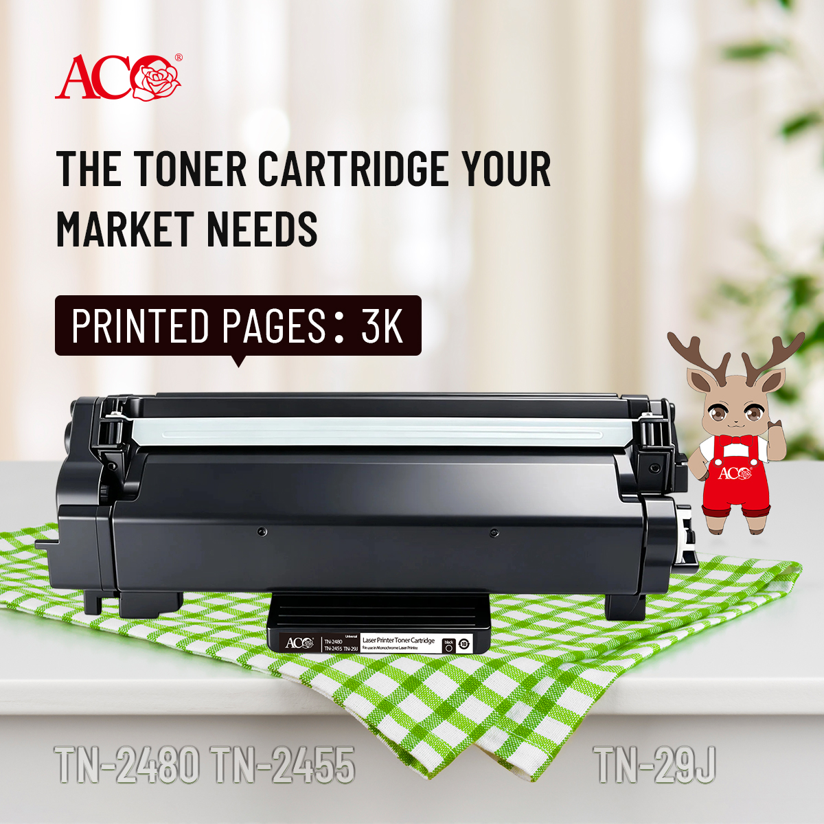 ACO TN-2480 TN-2455 TN-29J compatible toner cartridge displayed for office printing use, featuring stable 3K page yield performance and reliable black laser printer consumable solution.