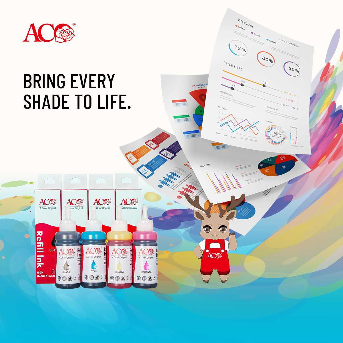 ACO refill ink bottles in black, cyan, yellow, and magenta colors displayed with colorful printed documents, representing high quality ink solutions for inkjet printers and global printing consumables suppliers.