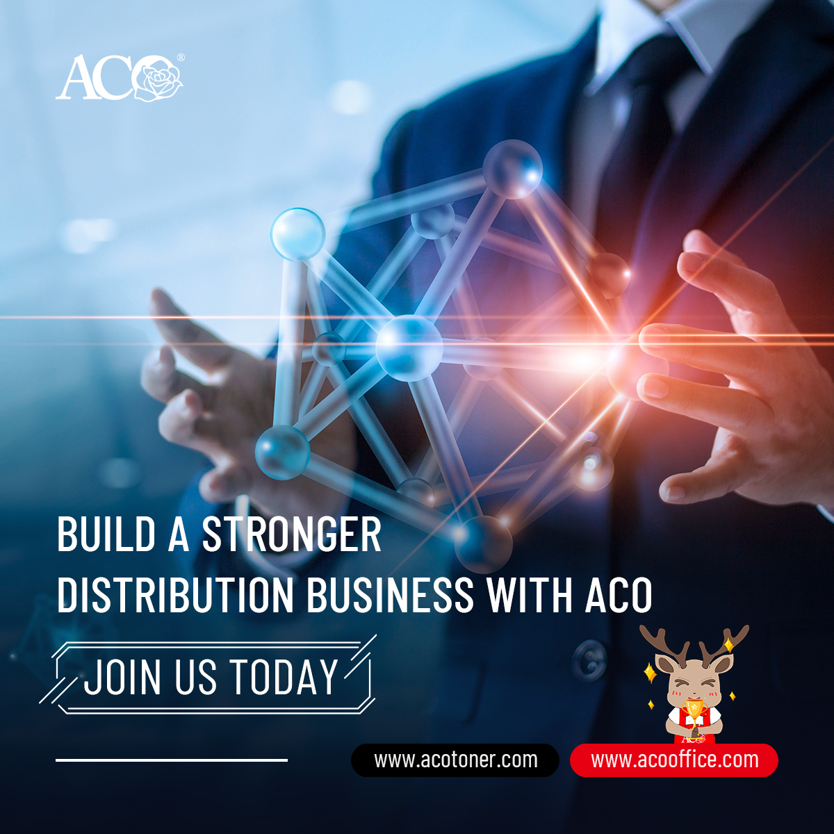 ACO global distribution partnership concept showing business collaboration and network growth, representing toner cartridge supplier, printing consumables solutions, and B2B partnership opportunities.