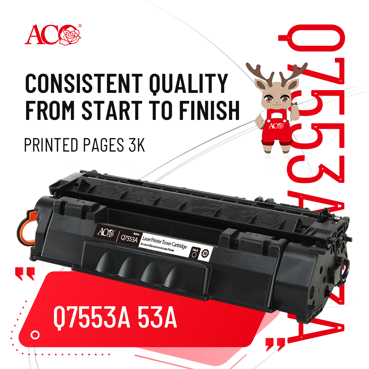 ACO Q7553A 53A compatible black toner cartridge with 3000 page yield, designed for reliable laser printer printing performance and professional B2B office printing supply.