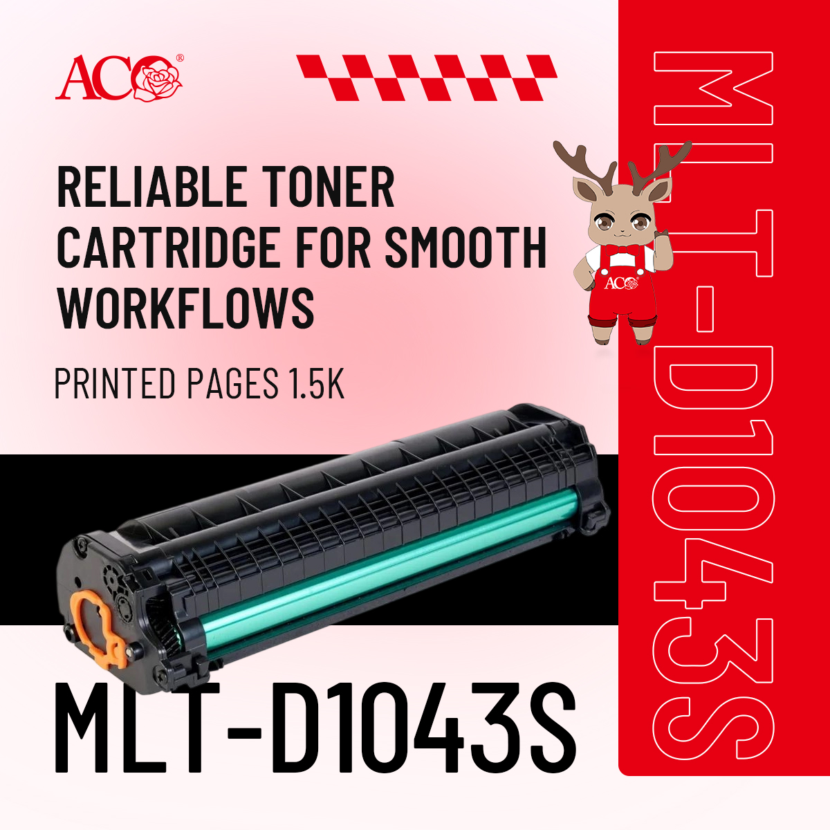 ACO MLT-D1043S compatible toner cartridge with 1500 page yield for laser printers, providing reliable black printing performance and smooth office workflow solutions for B2B printing markets.
