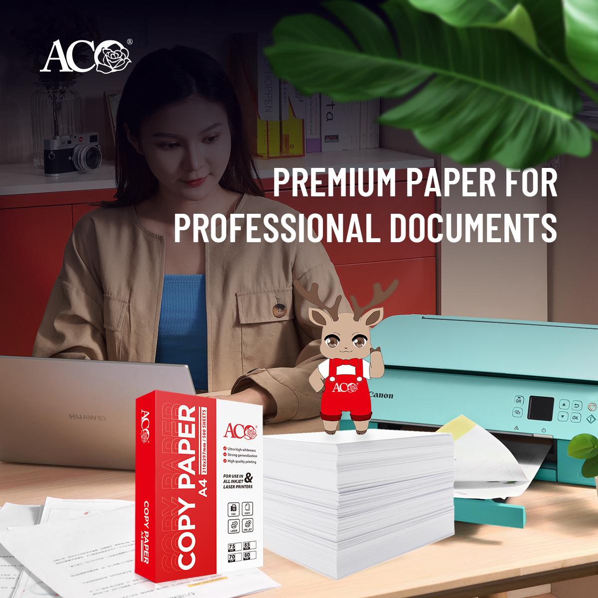 ACO A4 copy paper box and paper stack in modern office environment, showing premium printing paper solution for professional documents, business users, and B2B office supply partners.