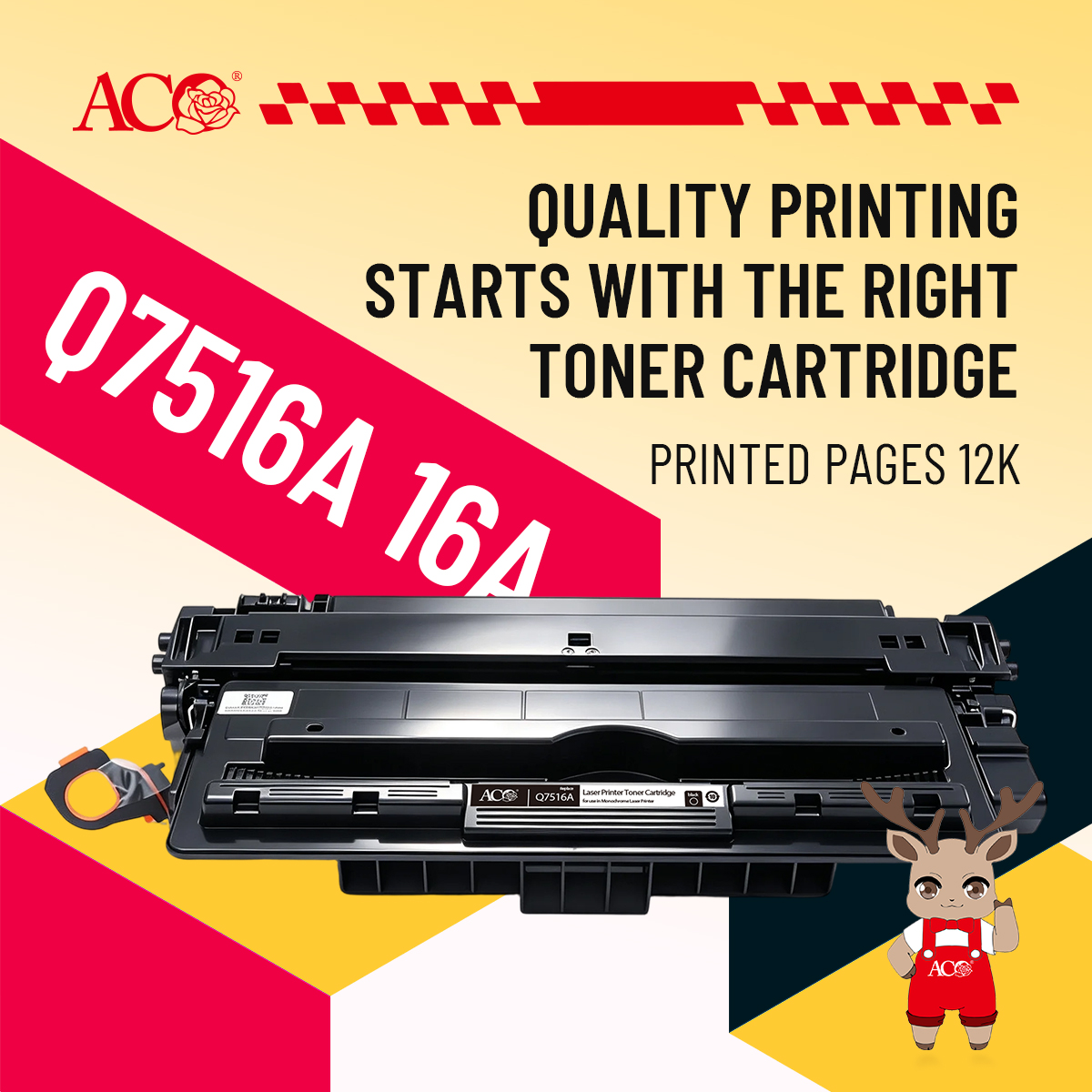 ACO Q7516A 16A compatible black toner cartridge with 12000 page yield, providing reliable laser printing performance and high-volume office printing solutions for B2B markets.