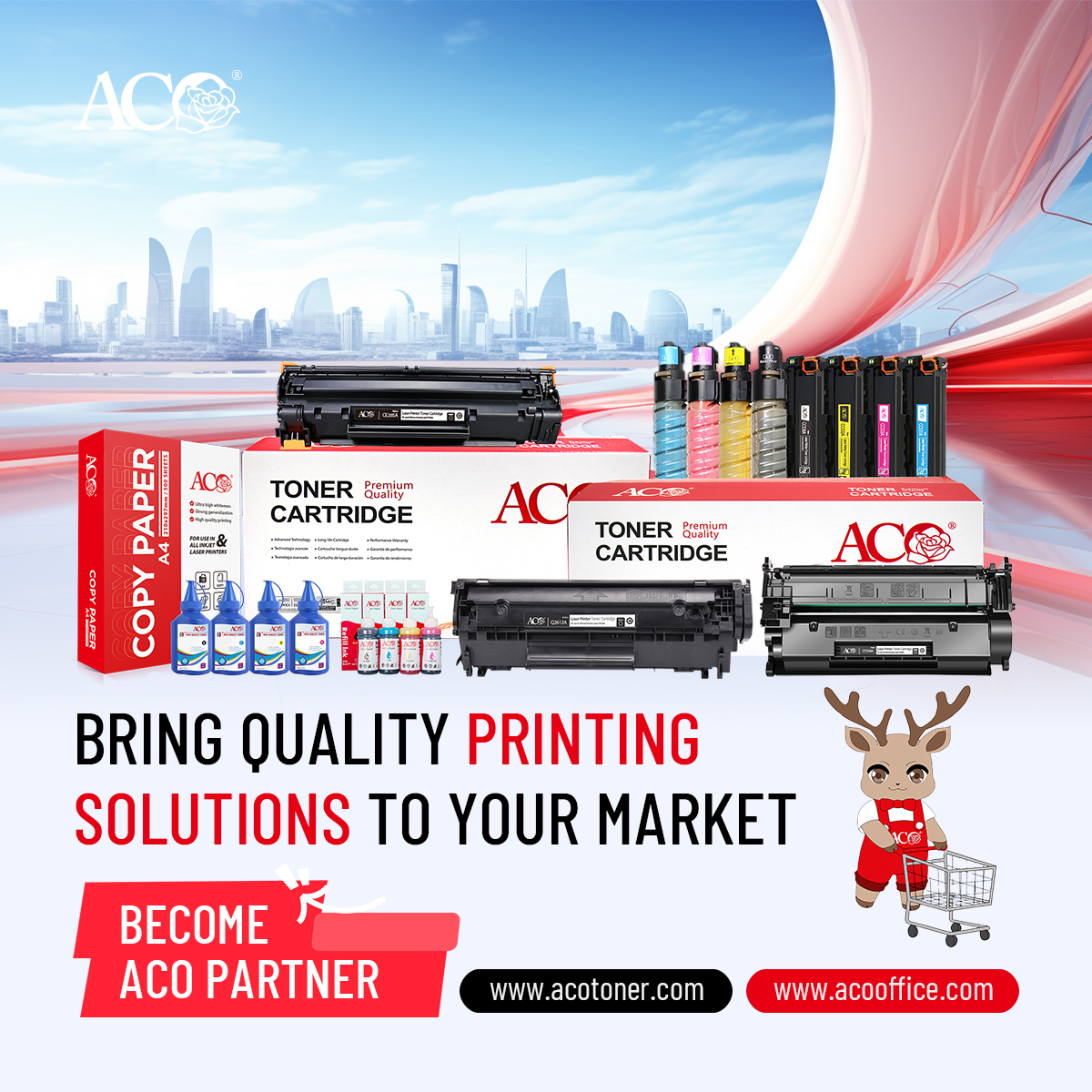 ACO printing solutions partnership banner featuring toner cartridges, refill ink, toner powder, and copy paper products for global distributors and B2B printing supply partners.