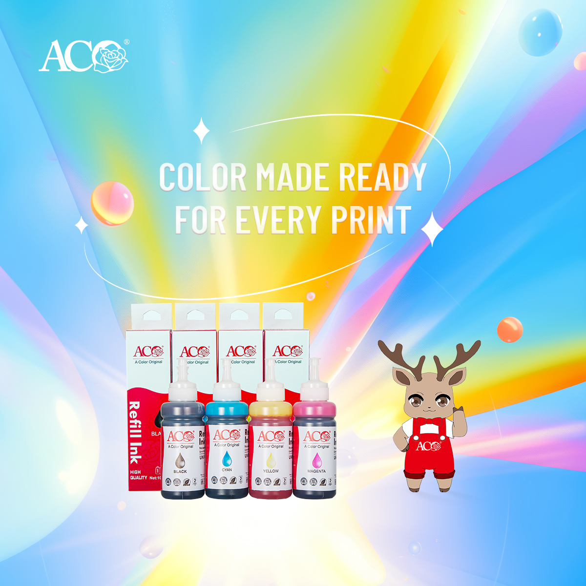 ACO refill ink bottles in CMYK colors with colorful background, showing high quality ink solutions for inkjet printers, printing businesses, and global B2B consumables suppliers.
