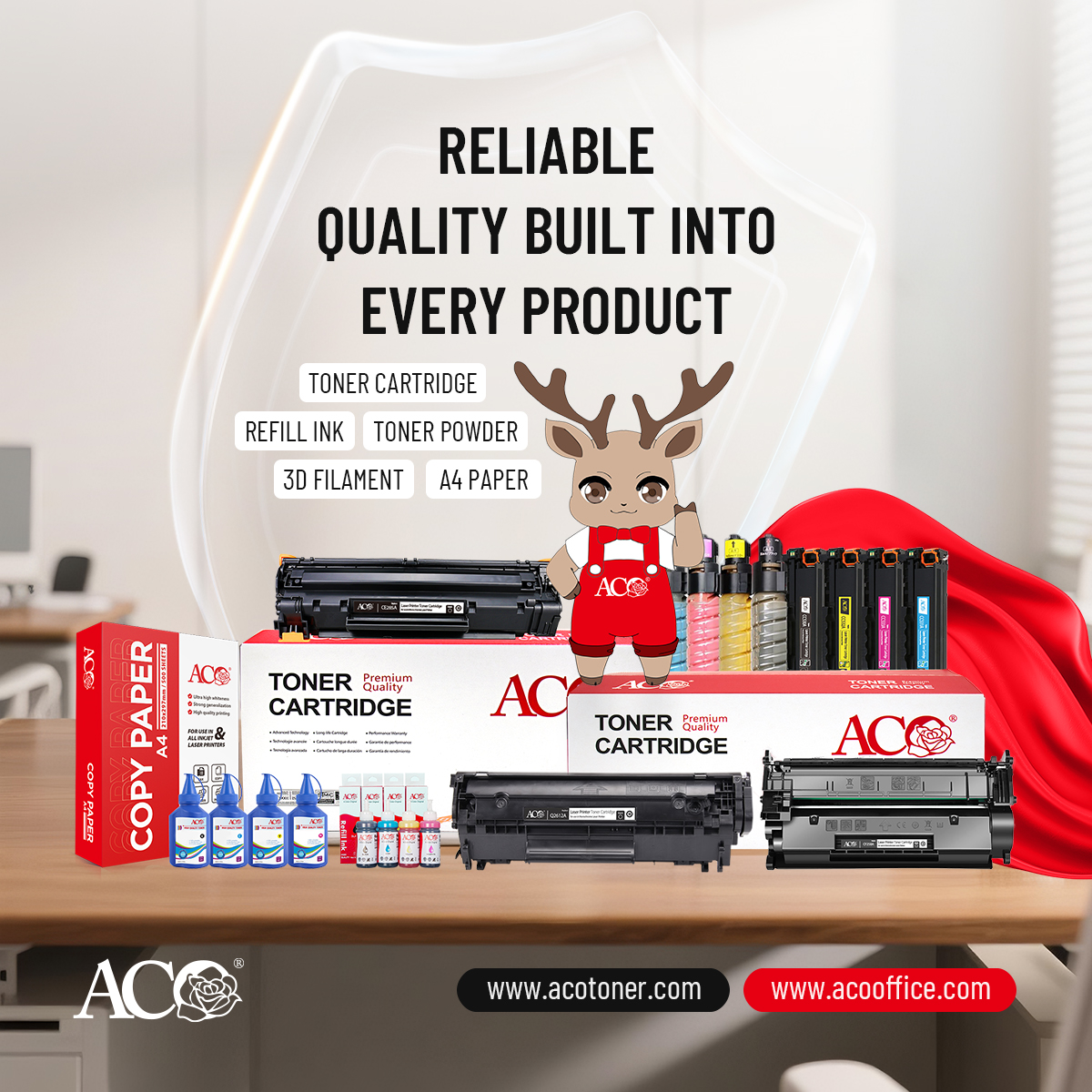 ACO complete printing product portfolio featuring toner cartridges, refill ink, toner powder, 3D filament, and A4 paper for global printing consumables distributors and B2B office supply partners.
