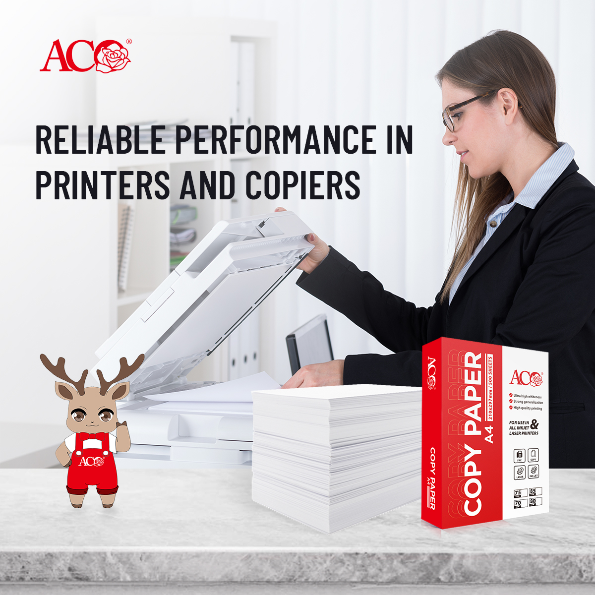 ACO copy paper stack beside office printer and copier, showing reliable A4 printing paper solution for businesses, office supply distributors, and B2B printing material partners.