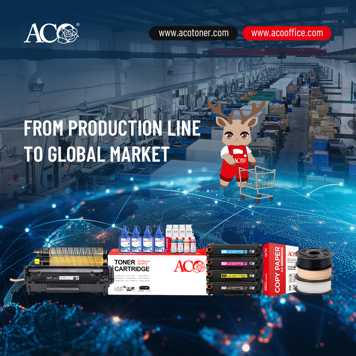 ACO factory production line with toner cartridges, refill ink, toner powder, copy paper and printing consumables products for global B2B distributors and manufacturing partners.