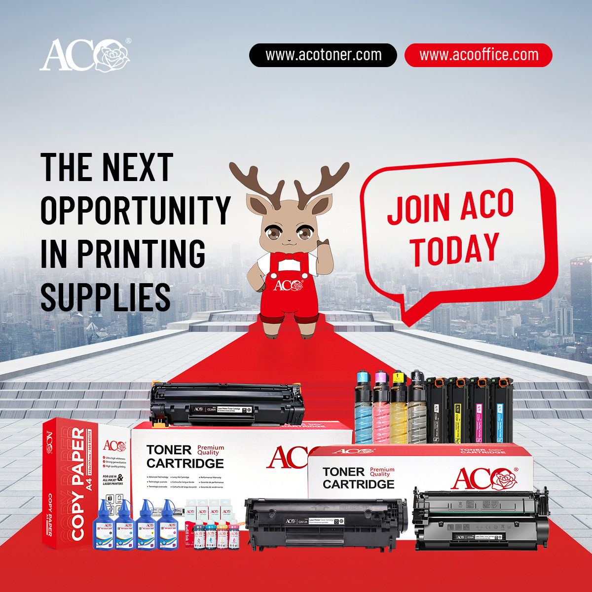 ACO printing supplies partnership banner featuring toner cartridges, refill ink, toner powder, and copy paper products for global distributors and B2B printing supply partners.