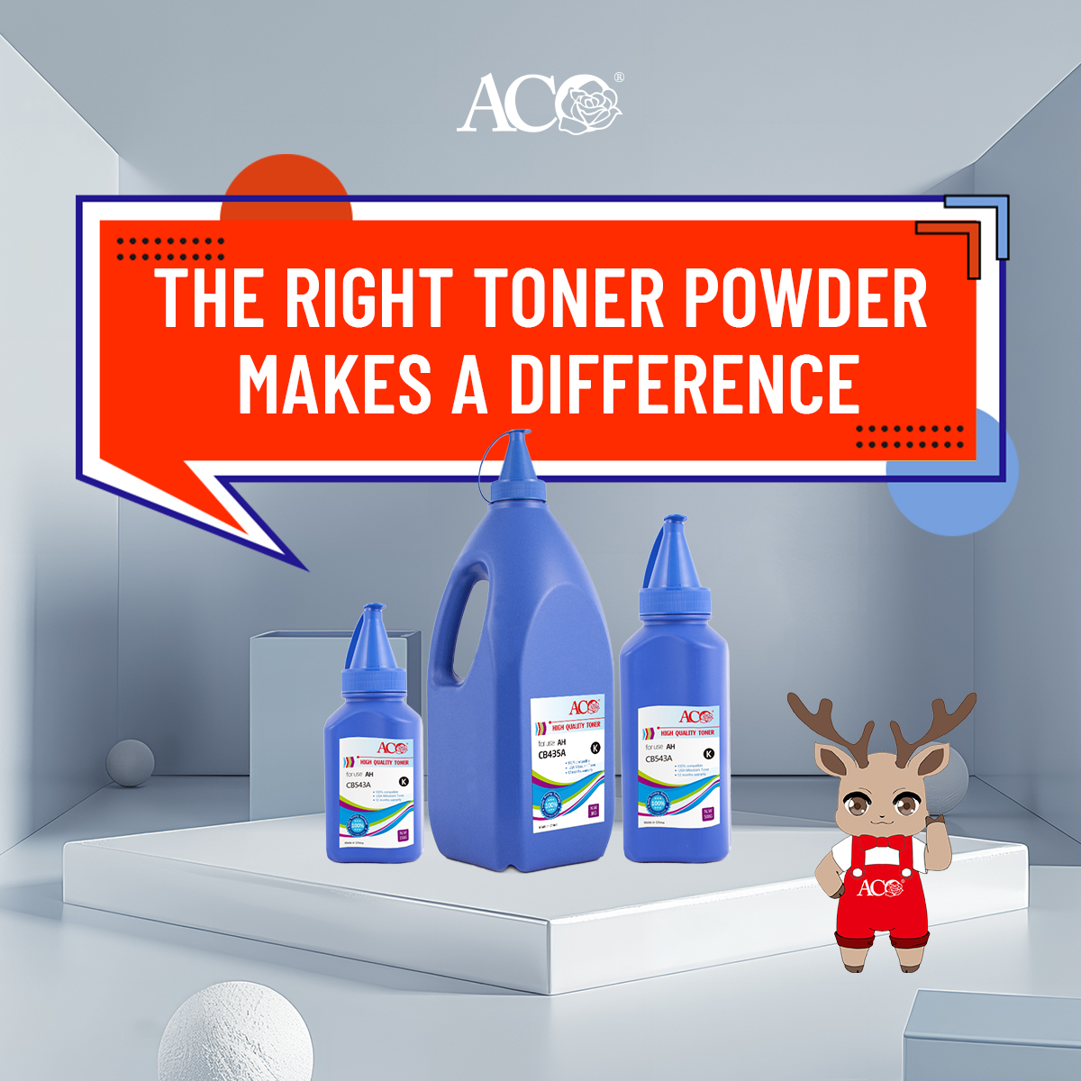 ACO toner powder bottles for toner cartridge refill solutions, showing high quality toner material for printing consumable manufacturers, distributors, and B2B suppliers.