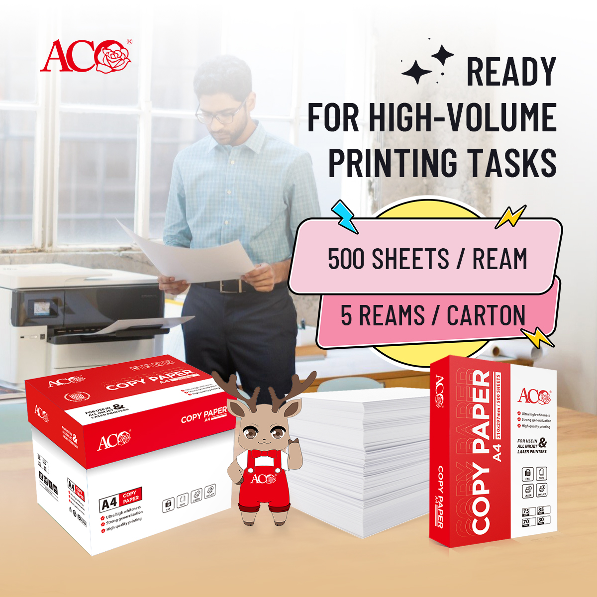 ACO copy paper pack with 500 sheets per ream and 5 reams per carton, professional office printing paper for inkjet and laser printers, supplied for B2B office paper buyers.