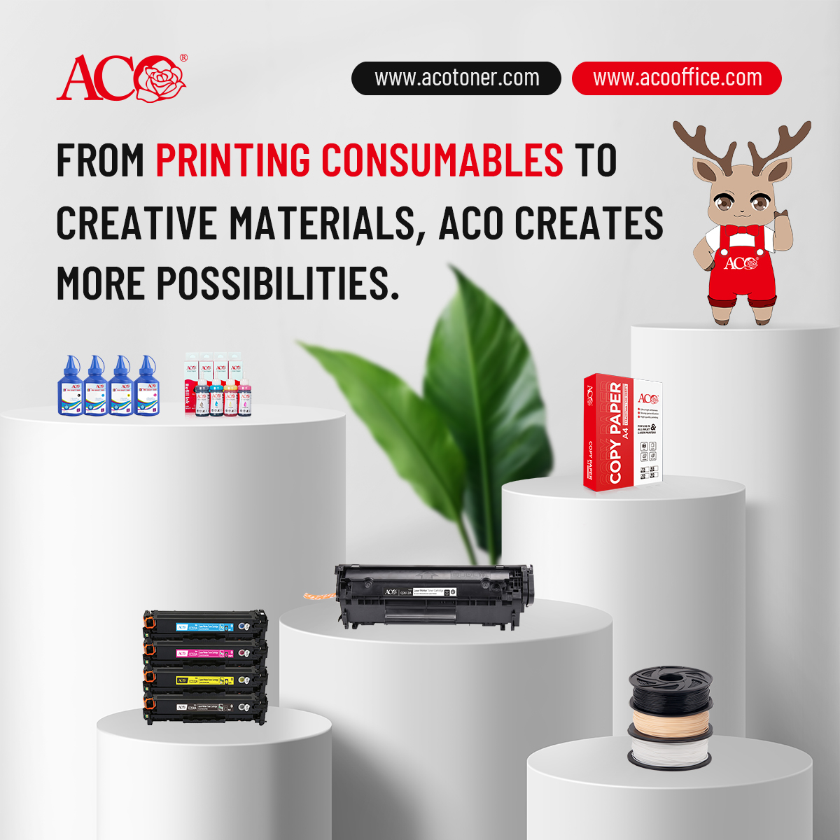 ACO printing supplies portfolio featuring toner cartridges, refill ink, toner powder, copy paper and 3D filament materials for global B2B printing partners.