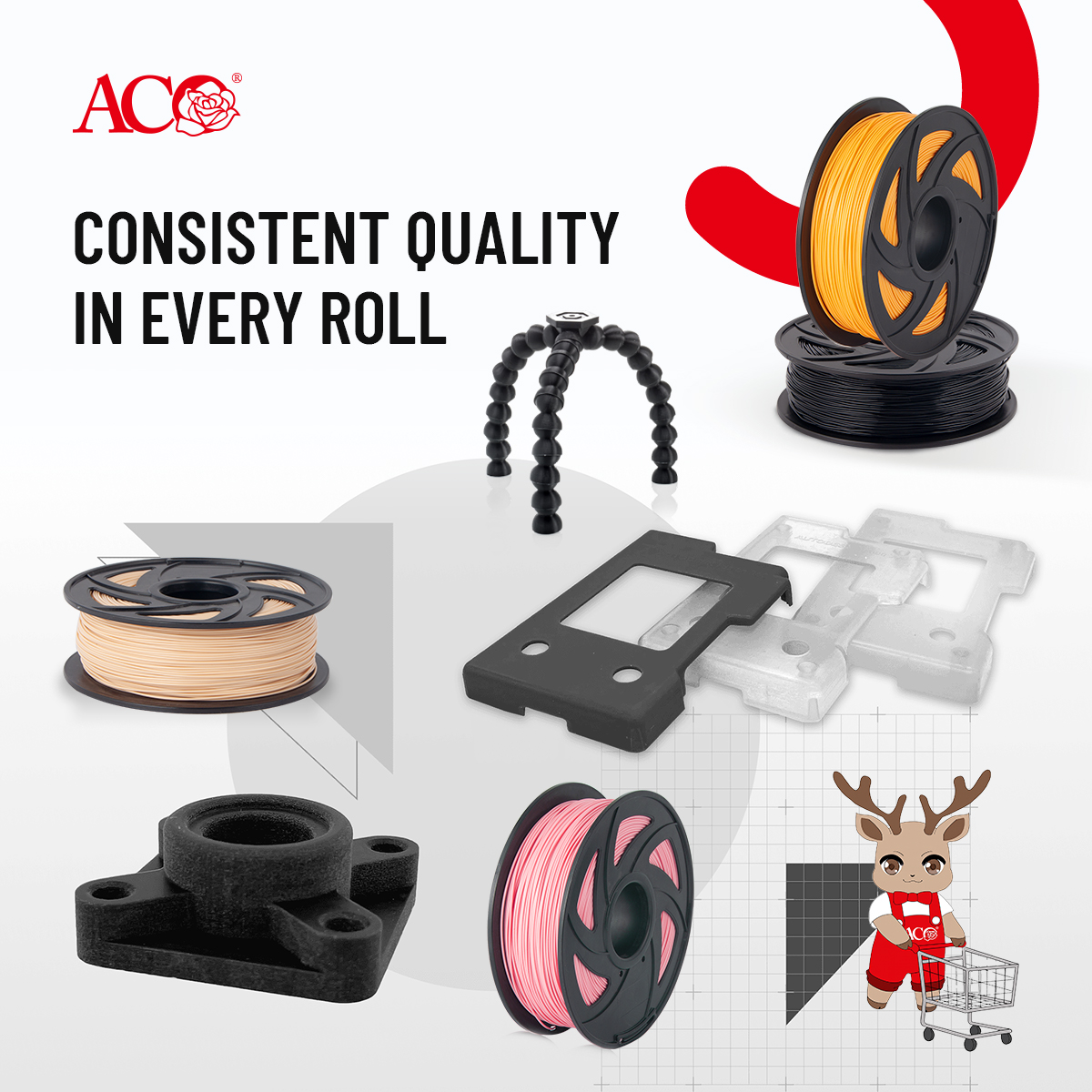 ACO 3D filament rolls in multiple colors for professional 3D printing applications, featuring consistent quality materials for distributors and B2B manufacturing partners.