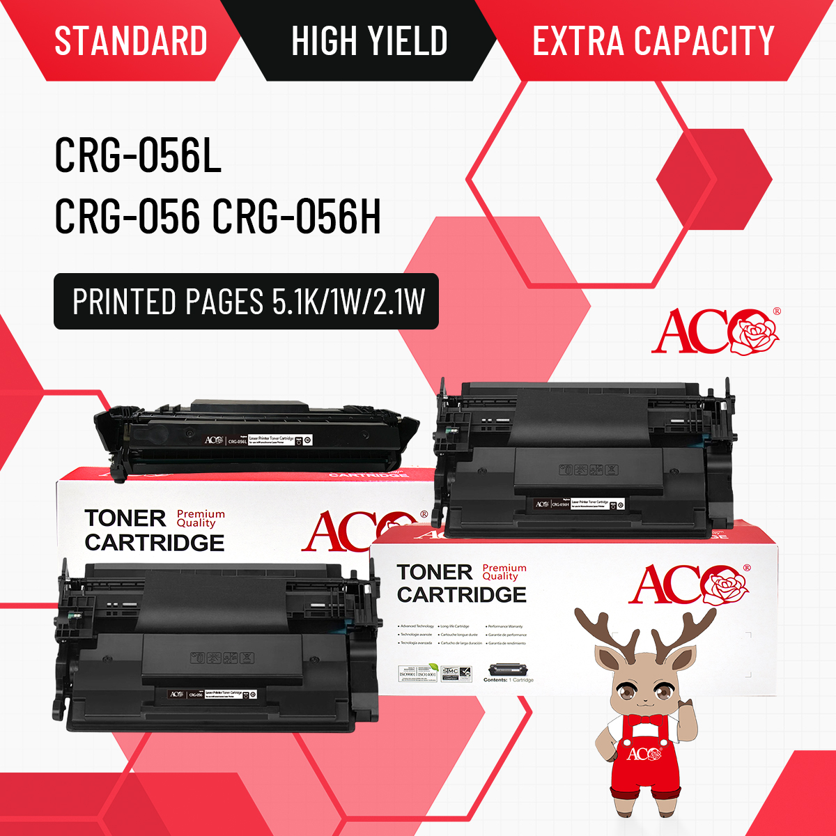 ACO CRG-056 CRG-056L CRG-056H compatible toner cartridge with 5.1K, 17K and 21K page yield options for professional monochrome laser printing.