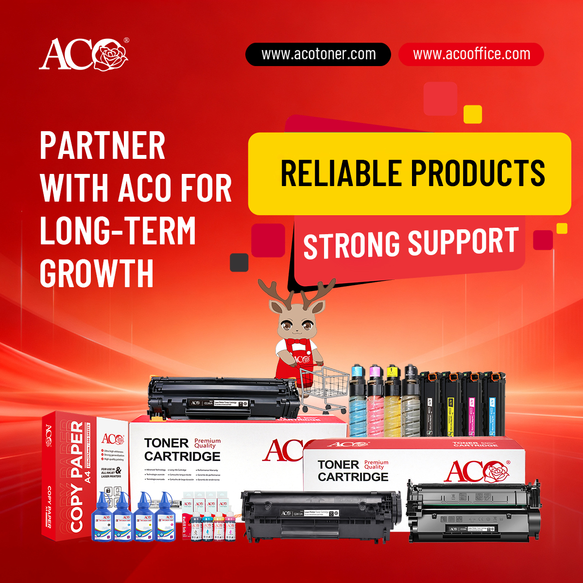 ACO printing supplies portfolio including toner cartridges, refill ink, toner powder and copy paper for global distributors and B2B printing partners.